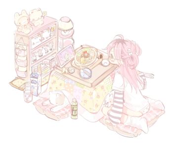 1girl ahoge artist_self-insert cat dice_hair_ornament figure food hair_ornament indoors lamp long_hair long_sleeves mipi_(u3u_00) original panties shelf shirt simple_background sitting solo stuffed_toy tablet_pc two_side_up underwear wariza white_background white_shirt