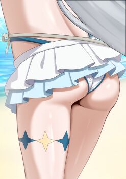 1girl absurdres ass ass_focus beach bikini commentary english_commentary female_tyrant_(stella_sora) grey_hair highres kirishiroart long_hair ocean outdoors solo stella_sora swimsuit tyrant_(stella_sora) very_long_hair white_bikini