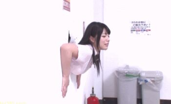 1girl animated animated_gif asian ass ass_hanging_out black_hair female_focus hnd-181 hole hon_naka japanese_(nationality) jav jav365.com lowres photo_(medium) restrained school_uniform solo stuck through_wall trapped uehara_ai wall watermark web_address