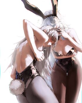 2girls absurdres alternate_costume animal_ears arknights back bare_arms bare_back bare_shoulders black_leotard black_wings blush breasts brown_pantyhose cleavage commentary fake_animal_ears fake_tail feet_out_of_frame gandy_(gan3e46) grey_eyes head_down head_wings highres irene_(arknights) large_breasts leaning_forward leotard long_hair making-of_available multiple_girls pantyhose partially_unzipped playboy_bunny rabbit_ears rabbit_tail red_pupils simple_background skadi_(arknights) tail thigh_gap thighs wavy_mouth white_background white_hair wings