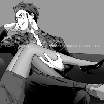 1boy 1girl collared_shirt commentary_request corbeau_(pokemon) crossed_legs eyewear_strap feet_out_of_frame fingernails glasses greyscale high_heels holding_another&#039;s_leg looking_to_the_side monochrome necktie nintendo pantyhose parted_lips pokemon pokemon_legends:_z-a round_eyewear shirt shoes short_hair sideburns undercut watermark y_(nekoyanagi)