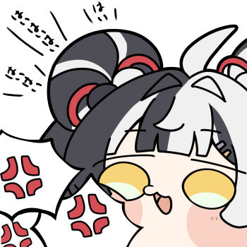 Rule 34 | 1girl, ahoge, anger vein, black hair, blush, chibi, chibi only, dialyn (zenless zone zero), double bun, hair bun, hair ornament, hairclip, hashtag-only commentary, head only, highres, multicolored hair, open mouth, shinonome nashi, simple background, solo, sound effects, split-color hair, spoken anger vein, white background, white hair, yellow eyes, zenless zone zero