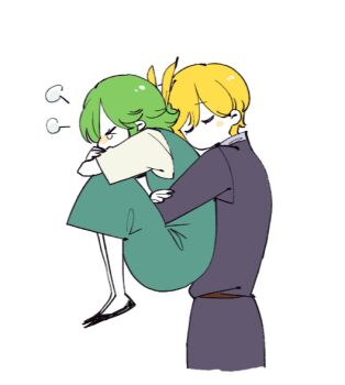 1boy 1girl angry apologizing aqua_dress artist_name black_footwear blonde_hair blush carrying closed_eyes couple crossed_arms dated dress facing_to_the_side from_side fume green_hair hair_ribbon half_updo head_steam herayoshi hetero hug hug_from_behind kiki_(herayoshi) knees_up lifting_person long_sleeves original pinafore_dress pout profile resu_(herayoshi) ribbon sash shoes short_hair short_sleeves sidelocks sleeveless_dress swept_bangs tears yellow_ribbon