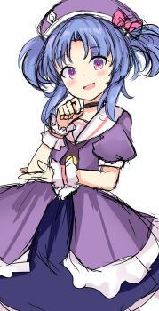 1girl aru_(arudes) black_choker blue_hair bow choker dress hat hat_bow highres kurobane_alice open_mouth pink_bow purple_dress purple_eyes purple_hat sailor_collar shadowverse shadowverse_(animated_series) shadowverse_(anime) solo twintails white_background