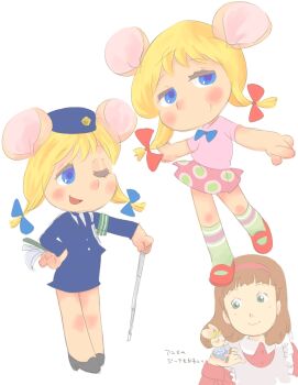 1boy 2girls :3 animal animal_ears armband black_shoes blonde_hair blue_bow blue_eyes blue_hat blue_jacket blue_necktie blue_pants blue_skirt blush bow brown_hair brown_shoes denim dress furry gina_(topo_gigio) green_eyes green_socks hair_bow hairband hand_on_own_hip hat high_heels holding holding_animal jacket jeans kneehighs long_hair long_sleeves low_twintails mary_janes mini_person miniboy minigirl mouse_(animal) mouse_boy mouse_ears mouse_girl multiple_girls necktie nightstick one_eye_closed open_mouth pants pink_shirt pink_skirt police police_badge police_hat police_uniform policewoman polka_dot polka_dot_skirt red_bow red_dress red_shoes rosy_rosicchia shirt shoes short_hair short_sleeves skirt smile socks standing striped_clothes striped_shirt topo_gigio topo_gigio_(character) twintails upper_body whiskers white_background white_shirt wink yamanokonza