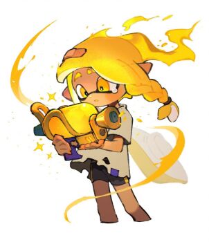 Rule 34 | 1girl, bandaid, bandaid on head, bike shorts, black shorts, blonde hair, braid, commentary request, cropped legs, dark-skinned female, dark skin, eyebrow cut, floating hair, grey shirt, holding, holding weapon, inari1369, inkling, inkling girl, inkling player character, long hair, nintendo, parted lips, pointy ears, shirt, short sleeves, shorts, simple background, single braid, solo, splatoon (series), splatoon 3, splattershot (splatoon), t-shirt, tearing up, tentacle hair, torn clothes, torn shirt, weapon, white background, yellow eyes