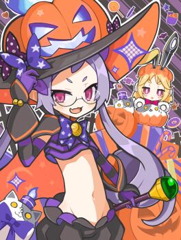 2girls :3 animal_ears blonde_hair blue_fire blush bow candle candy candy_cane capelet cat commentary cowboy_shot crop_top cropped_legs cupcake disgaea donut earmuffs english_commentary fang fire flat_chest food frills glasses gloves halloween hat heart highres hip_bones holding holding_staff holding_unworn_clothes holding_unworn_hat jack-o'-lantern jitome lollipop long_hair looking_at_viewer majorita_(disgaea) makai_senki_disgaea_5 medium_hair midriff multiple_girls navel open_mouth petite pink_bow pink_eyes pointy_ears polka_dot polka_dot_bow pumpkin pumpkin_hat purple_bow purple_hair purple_hat rabbit_ears short_bangs short_eyebrows sidelocks skin_fang smile staff star_(symbol) striped_clothes striped_gloves suaman thick_eyebrows tsurime twintails unworn_hat unworn_headwear usalia_(disgaea) wrist_cuffs