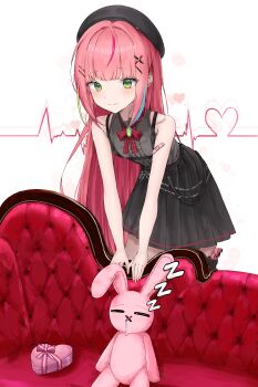 Rule 34 | 1girl, absurdres, bandaid, bandaid on arm, bent over, beret, black hat, black skirt, bow, bowtie, box, brooch, cardiogram, center frills, closed mouth, couch, cropped legs, frilled shirt, frills, green eyes, grey shirt, hanako nana, hashtag-only commentary, hat, heart-shaped box, highres, jewelry, modon (abwqe12132), peto (hanako nana), pleated skirt, rabbit, red bow, red bowtie, shirt, simple background, skirt, sleeveless, sleeveless shirt, smile, solo, standing, stellive, virtual youtuber, white background, wispy bangs, zzz
