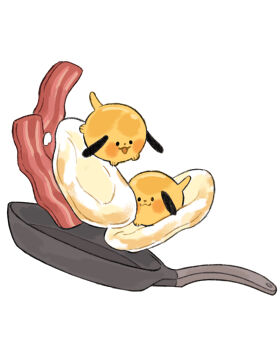 :3 baby_animal bacon commentary dog egg_(food) english_commentary food frying_pan highres mjoyart no_humans open_mouth original puppy simple_background white_background