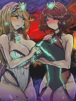 Rule 34 | 2girls, absurdres, bare shoulders, black leotard, blonde hair, blush, breasts, bursting breasts, cleavage, cowboy shot, diadem, ember naga, final destination (smash bros), fox mccloud, giant, giantess, glowing, glowing eyes, grin, half-closed eyes, highres, huge breasts, kirby, large breasts, leotard, long hair, looking at viewer, luigi, mario, matching hair/eyes, multiple girls, mythra (xenoblade), navel, nintendo, outdoors, pyra (xenoblade), red eyes, red hair, shiny clothes, shiny skin, short hair, smile, standing, super smash bros., thick thighs, thighs, white leotard, wide sleeves, xenoblade chronicles (series), xenoblade chronicles 2, yellow eyes