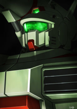 assault_visor commentary earth_federation f71_g-cannon glowing green_visor gundam gundam_f91 highres hiwa_industry machinery mecha mecha_focus mobile_suit no_humans portrait realistic robot science_fiction shoulder_cannon signature