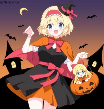 2girls alice_margatroid alternate_costume basket bat_(animal) black_dress black_hat blonde_hair blue_eyes blush bnelsey bow bowtie breasts cape cleavage_cutout clothing_cutout commentary crescent_moon dress english_commentary frilled_hairband frills hair_bow hairband halloween_costume hat hat_bow jack-o&#039;-lantern lolita_hairband looking_at_viewer mini_hat moon multiple_girls open_mouth orange_cape paid_reward_available red_bow red_bowtie red_cape red_hairband shanghai_doll short_sleeves smile touhou twitter_username two-sided_cape two-sided_fabric witch_hat