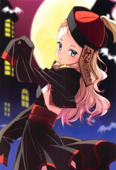 1girl blonde_hair blue_eyes blush breasts chinese_clothes halloween hat highres izumi_mahiru jiangshi jiangshi_costume kurumi_(lycoris_recoil) long_hair looking_at_viewer lycoris_recoil open_mouth small_breasts solo