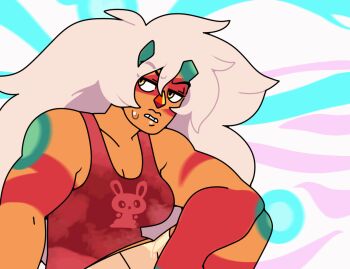 1girl abstract_background alternate_costume animated animated_gif breasts broken_horn casual colored_skin discount-supervillain gem gem_(steven_universe) horns jasper_(post-corruption)_(steven_universe) jasper_(species)_(steven_universe) jasper_(steven_universe) long_hair muscular muscular_female orange_skin psychedelic solo spots steven_universe steven_universe:_future steven_universe_future striped_skin very_long_hair white_hair yellow_eyes