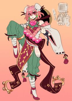 absurdres bandaged_arm bandages bare_shoulders bun_cover clothing_cutout cuffs double_bun false_arm false_limb flower green_pants hair_bun highres ibaraki_kasen knee_up pants pink_eyes pink_flower pink_hair pink_rose red_shoes red_tabard rinnytanart rose shackles shoes tabard thigh_cutout thighs touhou