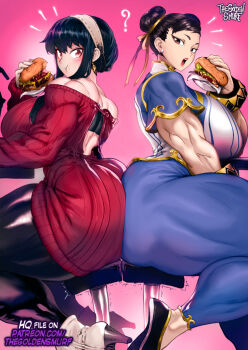 2girls ass ass-to-ass black_hair breasts burger capcom chun-li crossover double_bun eating flats food hair_bun hair_ribbon high_heels highres holding holding_burger holding_food huge_ass large_breasts looking_at_viewer multiple_girls muscular muscular_arms muscular_ass muscular_back muscular_female muscular_legs pants red_eyes ribbon short_hair sitting spy_x_family street_fighter street_fighter_6 the_golden_smurf thick_thighs thighs tight_clothes tight_pants yor_briar