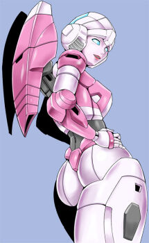 1980s_(style) 1girl arcee ass autobot back blue_eyes breasts butt_crack female_focus from_behind glowing hands_on_own_hips kamizono_(spookyhouse) large_breasts lips looking_at_viewer looking_back machine machinery mecha oldschool open_mouth redesign retro_artstyle robot science_fiction smile solo transformers transformers:_generation_1