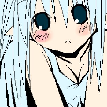 1girl archived_source asami_natsuhito bare_arms bare_shoulders black_eyes blue_hair blue_tank_top blue_theme blush hair_between_eyes jaggy_lines long_hair looking_at_viewer lowres no_nose no_sclera open_mouth original pointy_ears solo straight_hair tank_top upper_body