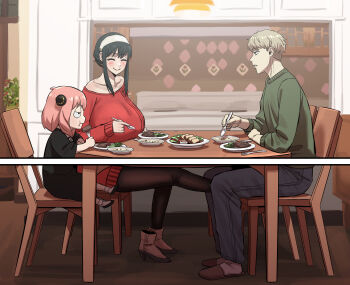 1boy adoptive_parent_and_adoptive_child akai_melon anya_(spy_x_family) black_hair blonde_hair blush breasts child dress earrings family father_and_daughter gold_earrings hairband hairpods highres huge_breasts husband_and_wife jewelry long_hair multiple_girls open_mouth pink_hair red_sweater shirt short_hair sidelocks smile spy_x_family sweater twilight_(spy_x_family) white_hairband yor_briar