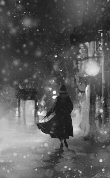 Rule 34 | 1other, black coat, black gloves, coat, from behind, full body, fur collar, gloves, greyscale, holding, hood, hood up, lamppost, monochrome, original, outdoors, phone booth, road, scenery, signature, snowing, solo, trench coat, walking, zandra