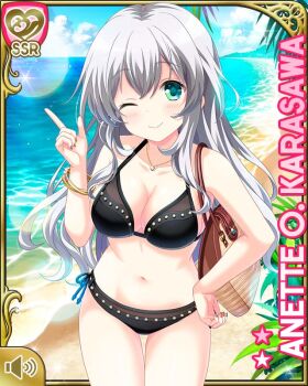 Rule 34 | 1girl, anette olga karasawa, beach, bikini, black bikini, blue eyes, card (medium), closed mouth, cloud, day, female focus, girlfriend (kari), girlfriend note, long hair, looking at viewer, ocean, official art, one eye closed, outdoors, qp:flapper, sand, silver hair, sky, smile, solo, standing, swimsuit, tagme