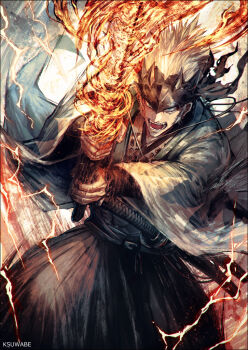 1boy arm_guards artist_name black_hakama blue_eyes blue_haori facial_scar fate/grand_order fate_(series) fire flaming_sword flaming_weapon forehead_protector hakama haori holding holding_sword holding_weapon japanese_clothes k-suwabe katana long_sleeves medium_sideburns nagakura_shinpachi_(fate) nagakura_shinpachi_(third_ascension)_(fate) open_mouth scar scar_on_cheek scar_on_face sheath sheathed solo spiked_hair spiked_headband sword unsheathed weapon white_hair wide_sleeves