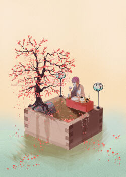 1other absurdres ambiguous_gender animal bottle calico_(pattern) calico_cat cat choko_(cup) commentary_request covered_face cup double-parted_bangs flower hand_up highres long_sleeves mask original overflowing pet pink_hair plum_blossoms pool ripples sake_bottle santo_moco seiza short_hair sitting tree two-tone_kimono water wide_shot wide_sleeves