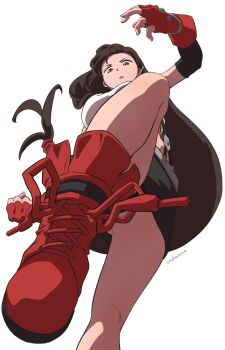 1girl ass_peek bare_legs belt black_hair black_skirt black_sleeves boots breasts clenched_hand commentary commentary_request crop_top detached_sleeves earrings final_fantasy final_fantasy_vii fingerless_gloves foot_out_of_frame foot_up from_below gloves gluteal_fold highres incoming_kick jewelry kicking knees large_breasts long_hair looking_at_viewer low-tied_long_hair materia miniskirt parted_lips pencil_skirt pov red_boots red_eyes single_earring skirt solo standing standing_on_one_leg suspender_skirt suspenders tank_top tifa_lockhart twitter_username very_long_hair white_background white_tank_top wolkat
