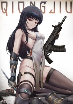 1girl absurdres arm_armor artist_name assault_rifle asymmetrical_gloves belt belt_around_waist black_belt black_gloves black_hair black_thighhighs breasts caiman_pool character_name china_dress chinese_clothes combat_knife commentary dot_nose dress english_commentary girls&#039;_frontline girls&#039;_frontline_2:_exilium gloves grey_gloves groin gun highres holding holding_gun holding_knife holding_weapon knee_pads kneeling knife long_hair looking_at_viewer mandarin_collar mismatched_gloves naked_dress no_panties orange_eyes parted_lips partially_fingerless_gloves pelvic_curtain pouch qbz-191 qbz-191_(girls&#039;_frontline) qiongjiu_(girls&#039;_frontline_2) rifle single_knee_pad solo spread_legs thigh_pouch thigh_strap thighhighs thighs unworn_armor unworn_belt vambraces weapon