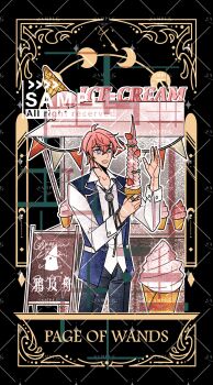 +_+ 1boy :d absurdres black_background black_pants blue_eyes blue_vest bolo_tie border bracelet card_(medium) chinese_commentary cowboy_shot ear_chain earrings food food_stand fruit hair_between_eyes hands_up highres holding holding_food holding_ice_cream holding_ice_cream_cone ice_cream ice_cream_cone jewelry linked_piercing long_sleeves looking_at_food lovebrush_chronicles male_focus menu_board moon_phases open_clothes open_mouth open_vest ornate_border page_of_wands pants piercing pink_hair ring sample_watermark school_uniform shirt short_hair smile soft_serve solo strawberry string_of_flags tarot tarot_(medium) untucked_shirt vest watermark watermark_grid white_shirt william_(lovebrush_chronicles) wing_collar ya_ji_zhou