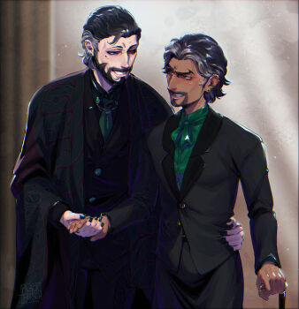 Rule 34 | 2boys, absurdres, beard, blackberreh-art, bow, coat, commentary, crossdressing, crossdressing (mtf), crow's feet, dark-skinned male, dark skin, design speculation, elias bouchard, english commentary, eyebrow piercing, face piercing, facial hair, formal clothes, frown lines, green necktie, grey hair, grin, highres, jonathan sims, lips, mole, mole under eye, multiple boys, mustache, necktie, pale skin, piercing, scar, scar on face, shirt, short sleeves, skirt, smile, suit, teeth, the magnus archives, yaoi