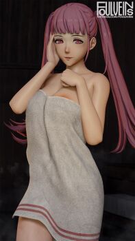 1girl 3d areola_slip arms_up artist_name breasts cleavage collarbone cowboy_shot fire_emblem fire_emblem:_three_houses foulveins hair_between_eyes half-closed_eyes hand_on_own_chest hand_on_own_face highres hilda_valentine_goneril indoors light_smile long_hair looking_at_viewer medium_breasts naked_towel nintendo patreon_username pink_eyes pink_hair signature solo towel twintails