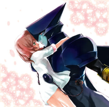 Rule 34 | 00s, 1boy, 1girl, asagi marin, brigadoon, brown hair, couple, eye contact, face-to-face, green eyes, hug, looking at another, mecha, mecha on girl, mechaphilia, melan blue, red eyes, robot, simple background, size difference, tabasai, white background