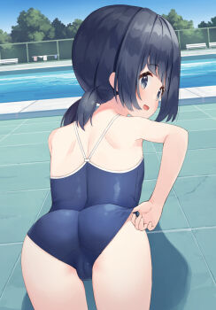 1girl adjusting_clothes adjusting_swimsuit all_fours ass black_hair blue_eyes blue_one-piece_swimsuit blush cameltoe cloud female_focus from_behind highres loli looking_back low_twintails makigai makino_yuna one-piece_swimsuit open_mouth original outdoors pool poolside school_swimsuit short_hair short_twintails sky smile solo swimsuit thighs twintails