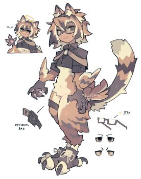 1girl :3 animal_ears animal_feet animal_hands bird_girl bird_legs black_shirt blonde_hair body_fur breasts brown_eyes brown_fur brown_hair brown_wings cat_ears cat_girl cat_tail claws colored_inner_hair commentary cropped_shirt dark-skinned_female dark_skin english_commentary fang fang_out feathered_wings full_body glasses highres jellychuz looking_at_viewer monster_girl multicolored_hair original pouch reference_sheet shirt short_hair simple_background standing tail talons thigh_pouch underboob white_background winged_arms wings
