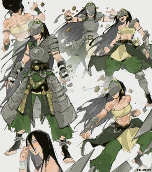 1girl absurdres aged_up avatar:_aang_the_last_airbender avatar:_the_last_airbender avatar_legends blind element_bending floating_rock geokinesis green_hairband green_pants hairband highres muscular muscular_female pants polluxery toph_beifong
