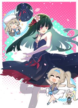 3girls absurdres black_dress black_hair blonde_hair bow_hairband breasts closed_eyes commentary cosplay dress flower girls&#039;_frontline girls&#039;_frontline_2:_exilium gloves green_hair hair_flower hair_ornament hairband highres long_hair miharu_(cgsky) multicolored_hair multiple_girls official_alternate_costume open_mouth pink_background pink_flower red_eyes sakura_(girls&#039;_frontline_2) sharkry_(girls&#039;_frontline_2) sharkry_(girls&#039;_frontline_2)_(cosplay) sharkry_(swimsuit_idol)_(girls&#039;_frontline_2) side_ponytail simple_background small_breasts smile sparkling_eyes streaked_hair symbol-only_commentary two-tone_hair type_100_(girls&#039;_frontline) type_100_(tale_of_the_butterflies)_(girls&#039;_frontline) vepley_(girls&#039;_frontline_2) white_background white_gloves