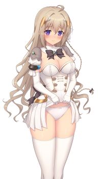 Rule 34 | 1girl, ahoge, black bow, blush, bow, bow panties, bowtie, braid, breasts, brown hair, cleavage, closed mouth, clothes lift, commentary request, detached collar, dress, dress lift, elbow gloves, embarrassed, genseishinki sacred virth, gloves, hair ornament, highres, kamuchin soda, large breasts, lifting own clothes, long hair, looking at viewer, medium breasts, panties, pleated dress, pleated skirt, puffy short sleeves, puffy sleeves, purple eyes, sacred claire, shirt lift, short sleeves, skirt, skirt lift, solo, standing, thighhighs, tierna aeride throne, transparent background, underwear, variant set, wavy hair, white dress, white gloves, white panties, white skirt, white thighhighs