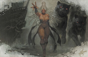 1girl animal black_panties breasts cleavage dark-skinned_female dark_skin dreadlocks fangs glowing glowing_eyes grey_hair hair_bun huge_breasts ickpot mature_female octopath_traveler octopath_traveler_i outstretched_arm oversized_animal panties revealing_clothes sandals single_hair_bun tatloch_(octopath_traveler) thick_thighs thighs thong toned toned_female underwear