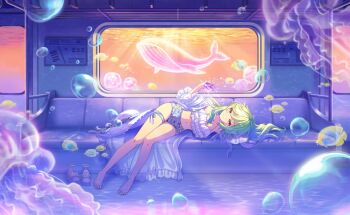 1girl air_bubble akiru_kamira barefoot bikini blonde_hair blowing_bubbles breasts bubble cleavage commentary_request frills game_cg highres legs long_hair navel official_art red_eyes short_shorts shorts solo submerged swimsuit third-party_source underwater water_drop world_dai_star