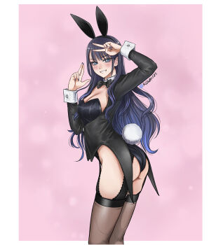 1girl animal_ear_hairband animal_ears artist_name ass black_bow black_bowtie black_garter_straps black_leotard black_thighhighs blue_eyes blue_hair blush bow bowtie breasts cleavage collar commentary cosplay detached_collar fake_animal_ears fake_tail garter_straps hairband hands_up highleg highleg_leotard izayoi_arisa izayoi_arisa_(cosplay) kitagawa_marin lace_garter_straps large_breasts leotard long_hair long_sleeves looking_at_viewer meganerid mixed-language_commentary pink_background playboy_bunny rabbit_ear_hairband rabbit_ears rabbit_tail smile solo sono_bisque_doll_wa_koi_wo_suru standing tail tailcoat tailcoat_playboy_bunny thighhighs v white_collar