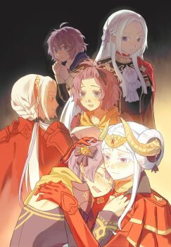 6+girls babykatafan bernadetta_von_varley bernadetta_von_varley_(timeskip) blush breasts closed_eyes closed_mouth commentary edelgard_von_hresvelg edelgard_von_hresvelg_(timeskip) fake_horns fire_emblem fire_emblem:_three_houses fire_emblem_warriors:_three_hopes forehead garreg_mach_monastery_uniform gloves hair_ribbon highres horns hug long_hair multiple_girls nintendo official_alternate_costume official_alternate_hairstyle purple_eyes purple_hair purple_ribbon red_gloves ribbon short_hair small_breasts smile sweatdrop symbol-only_commentary white_hair yellow_horns yuri