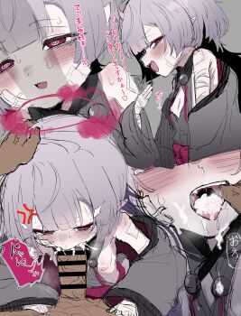 1boy 1girl @_@ absurdres anger_vein bandaged_hand bandaid bandaid_on_shoulder bar_censor black_nails blue_archive blush breasts censored clothing_cutout coat crying crying_with_eyes_open cum cum_in_mouth diamond_cutout dress fellatio fingernails flat_chest grey_coat grey_hair half-closed_eyes halo hetero highres loli multiple_views nail_polish nipples off_shoulder open_clothes open_coat oral penis penis_shadow pink_eyes pink_halo pointy_ears shuro_(blue_archive) sleeveless sleeveless_dress small_breasts smile tears teeth tongue tongue_out upper_teeth_only