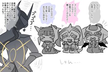 >_< 1boy 3girls arceus blank_eyes blush cartier_(kasugai_(de-tteiu)) commentary dialga eve_(kasugai_(de-tteiu)) fake_horns fang flying_sweatdrops gen_4_pokemon giratina giratina_(altered) horned_headwear horns implied_incest kasugai_(de-tteiu) kneeling legendary_pokemon maiden_(kasugai_(de-tteiu)) maria_(kasugai_(de-tteiu)) multiple_girls mythical_pokemon nintendo palkia partially_colored personification pokemon shaded_face teardrop translated