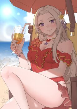 absurdres alternate_costume breasts cocktail cocktail_glass cup drink drinking_glass ebinku edelgard_von_hresvelg edelgard_von_hresvelg_(summer) female_focus fire_emblem fire_emblem:_three_houses fire_emblem_heroes glass highres looking_at_viewer nintendo official_alternate_costume one-piece_swimsuit red_one-piece_swimsuit red_swimsuit solo straw swimsuit