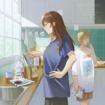 1boy 1girl blonde_hair bowl breasts brown_eyes brown_hair brown_shorts cereal_box closed_eyes coffee commentary cup cutting_board english_commentary food fruit hand_on_own_hip highres holding holding_kettle kettle kitchen large_breasts long_hair nakano_kaworu original pour-over_coffee pouring shorts sink teacup towel watermark yawning