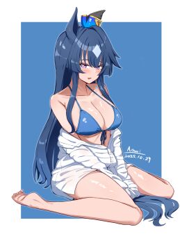 1girl a.nori absurdres animal_ears barefoot bikini blue_bikini blue_hair blush breasts cleavage commentary_request feet full_body highres horse_ears horse_girl horse_tail large_breasts long_hair looking_at_viewer off_shoulder open_mouth purple_eyes shirt simple_background sitting smile solo swimsuit tail thighs toes umamusume verxina_(umamusume) wariza white_shirt