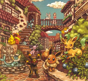 :d absurdres aroma_lady_(pokemon) berry_(pokemon) blue_eyes blue_sky brown_eyes brown_hair building bulbasaur bush closed_eyes closed_mouth cloud day eating eevee espeon fangs flareon flower flower_in_mouth fountain gen_1_pokemon gen_2_pokemon gen_4_pokemon gen_5_pokemon gen_6_pokemon glaceon hair_flower hair_ornament hanging_plant highres holding holding_flower jolteon lampent leafeon matsuri_(matsuike) mouth_hold nintendo oddish official_art open_mouth oran_berry phanpy pink_flower pink_shirt plant planter pokemon pokemon_(creature) pokemon_oras pokemon_tcg potted_plant purple_eyes pyroar pyroar_(male) red_eyes shirt short_hair skirt sky smile stairs standing sylveon third-party_source town umbreon vaporeon water white_skirt window