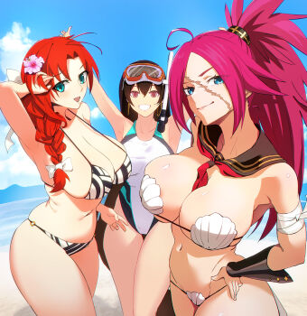 3girls ahoge armpits arms_up beach bikini black_one-piece_swimsuit black_sailor_collar blue_eyes blue_sky boudica_(fate) braid braided_ponytail breasts brown_hair cleavage detached_collar detached_sleeves diving_mask earrings fate/grand_order fate_(series) flower francis_drake_(fate) goggles green_eyes grin hair_between_eyes hair_flower hair_ornament highleg highleg_one-piece_swimsuit highres hoop_earrings jewelry large_breasts long_hair looking_at_viewer minami_koyogi multiple_girls navel neckerchief one-piece_swimsuit parted_bangs pink_hair ponytail purple_eyes red_hair sailor_collar scar scar_on_face shell shell_bikini shore sky smile snorkel striped_bikini striped_clothes swimsuit thighs two-tone_one-piece_swimsuit white_bikini white_one-piece_swimsuit xuangzang_sanzang_(fate)