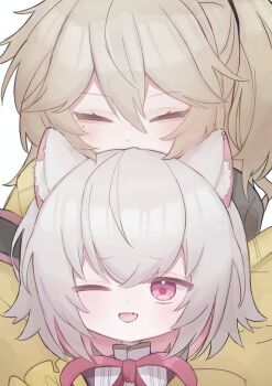 2girls animal_ear_fluff animal_ears arazan_(ara_arazan24) blonde_hair cardigan cat_ears close-up closed_eyes colored_inner_hair commentary_request commission face_in_hair fang kasukabe_tsumugi messy_hair mole mole_under_eye multicolored_hair multiple_girls neck_ribbon one_eye_closed one_side_up open_mouth pink_eyes pink_hair red_ribbon ribbon sayo_(voicevox) short_hair skeb_commission smile voicevox white_hair yellow_cardigan